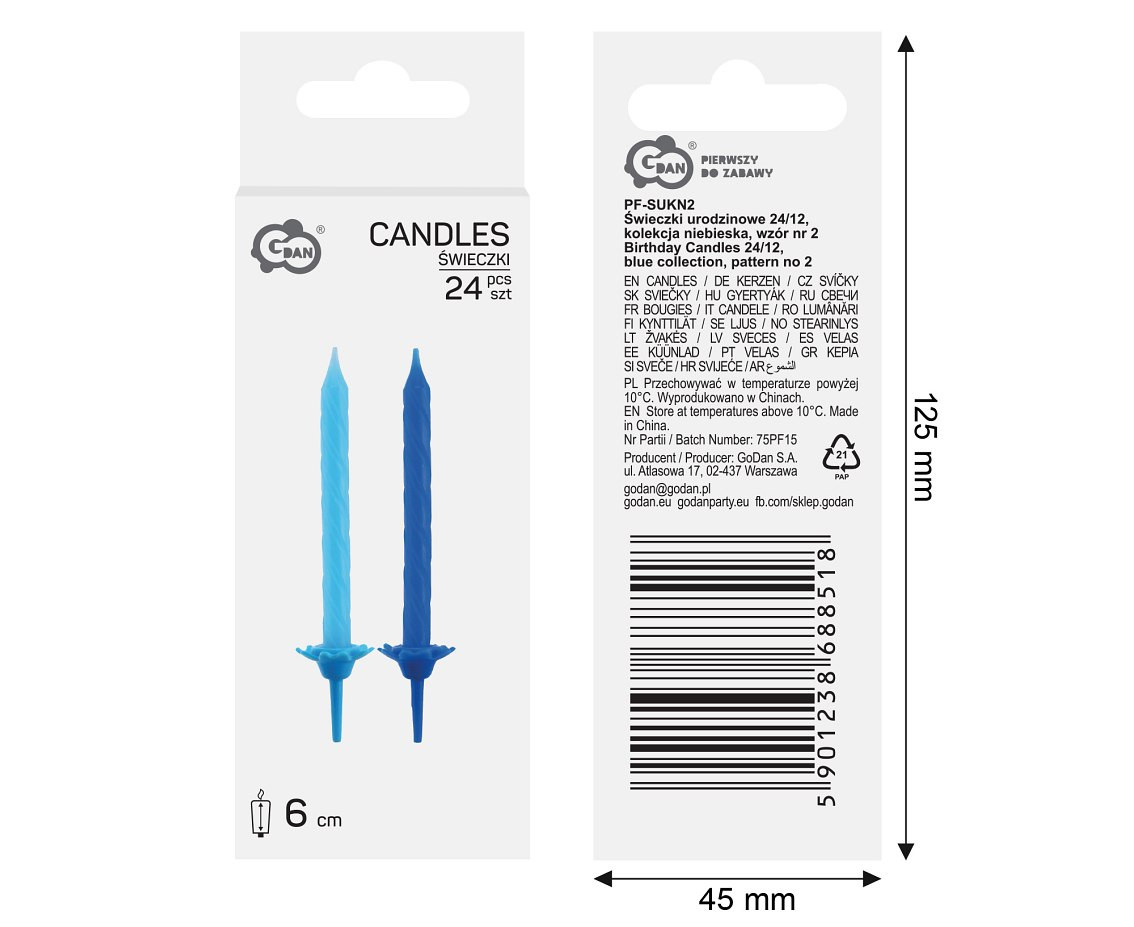 Birthday Candles 24/12, blue collection, pattern no 2, 7,5 cm